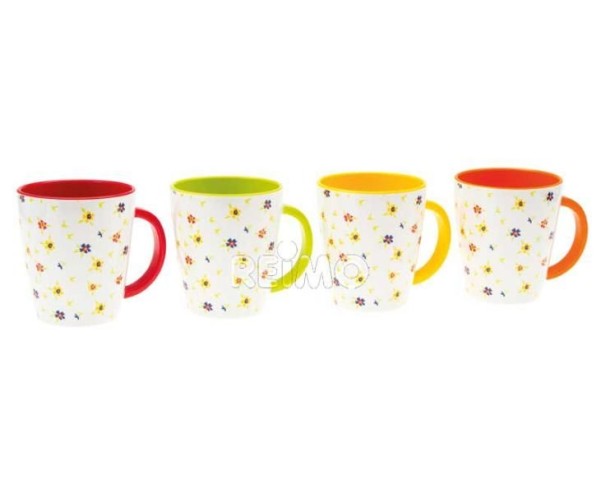 Set de mugs en mélamine 4pcs. avec décor de fleurs à l'extérieur, intérieur coloré