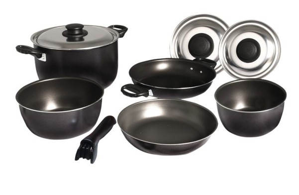 Set de casseroles en aluminium de 9 pièces argenté/noir, avec poignée amovible